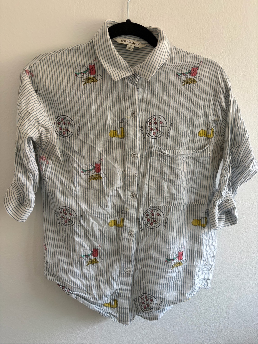 Adorable Food Print Davis & Dani Casual Button Down 3/4 Length Sleeve size S GUC